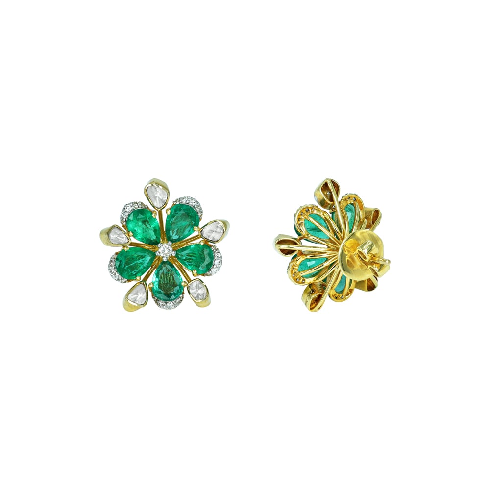 Floral Polki Stud Earrings with Emerald Petals and Diamonds
